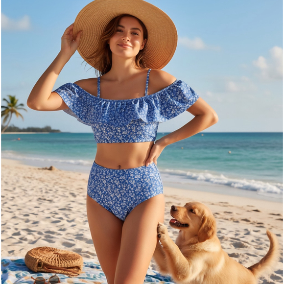 Tahari 2 piece Set Swimsuit Bathing Suit Off Shoulder MEDIUM Blue White Floral - Picture 16 of 16